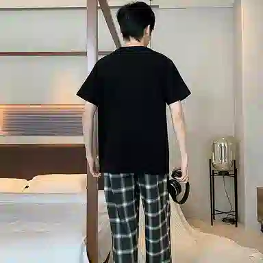 莫代尔 时尚印花短袖方格简约休闲长裤可外穿睡衣套装 男款 黑色