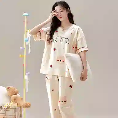 莫代尔 夏季印花图案舒适圆领短袖透气可外穿居家长裤睡衣套装 女款 杏色