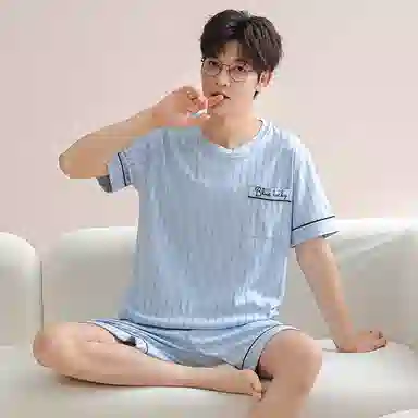 莫代尔 韩版显瘦亲肤轻盈时尚细腻舒适简约透气休闲带胸垫情侣款可外穿短袖短裤睡衣套装 男女同款