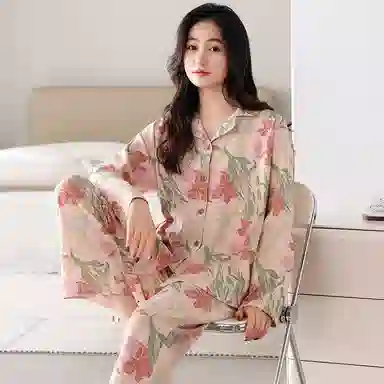 莫代尔 舒适简约亲肤休闲可外穿长袖睡衣套装 女款 桃色