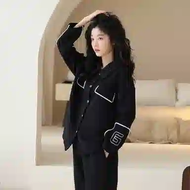 莫代尔 加厚柔软保暖细腻舒适蓄热套头长袖长裤可居家休闲可外穿睡衣套装 女款 黑色