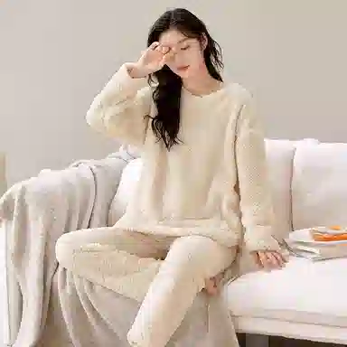 莫代尔 时尚套头圆领长袖长裤保暖亲肤舒适家居服可外穿睡衣套装 男女同款 杏色