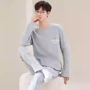 莫代尔 舒适透气纯棉柔软亲肤细腻宽松微弹耐磨吸湿排汗开衫长袖松紧裤腰可居家休闲可外穿长裤睡衣套装 男款 银色