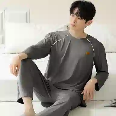 莫代尔 休闲居家韩系纯色舒适时尚透气亲肤套头圆领长袖上衣双口袋松紧带长裤可外穿男士睡衣套装 男款 灰色