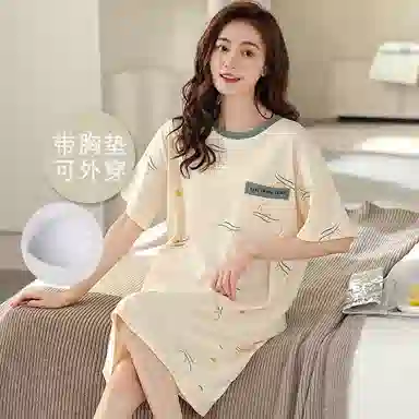 莫代尔 舒适柔软微弹亲肤细腻透气耐磨自带可拆卸胸垫防凸点休闲可外穿短袖睡裙 女款 杏色