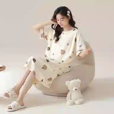 莫代尔 简约柔软舒适细腻透气耐磨微弹带胸垫防凸点亲肤休闲可外穿短袖睡裙 女款 杏色