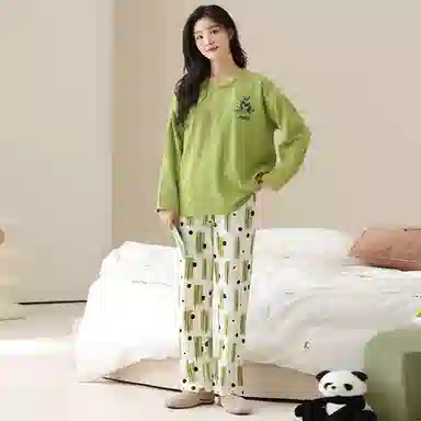 莫代尔 亲肤舒适柔软丝滑透气微弹耐磨吸湿排汗带胸垫防凸点长袖长裤休闲可外穿睡衣套装 女款 黄绿色