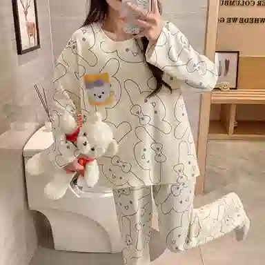 莫代尔 舒适亲肤带胸垫防凸点套头圆领长袖长裤卡通满印甜美可外穿睡衣套装 女款 杏色