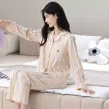 莫代尔 简约亲肤舒适长袖长裤甜美时尚翻领家居服可外穿家居服睡衣套装 女款 杏色