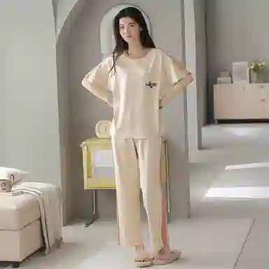 莫代尔 舒适亲肤圆领百搭轻柔短袖上衣家居服可外穿长裤睡衣套装 女款 杏色