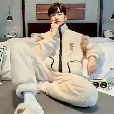 莫代尔 舒适保暖韩版时尚卡通可外穿休闲简约睡衣套装 男款 杏色