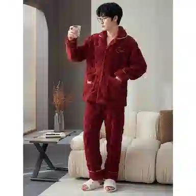 莫代尔 保暖亲肤舒适蓄热透气简约时尚家居服长袖长裤可外穿不臃肿开衫睡衣套装 男女同款 红色