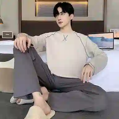 莫代尔 亲肤舒适长袖长裤套头圆领可外穿简约时尚素色睡衣套装 男款 卡其色