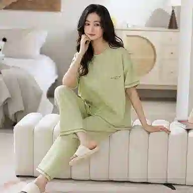 莫代尔 舒适简约时尚气质圆领套头个性百搭柔软亲肤不易起球短袖长裤可外穿夏季睡衣套装 女款 浅绿色