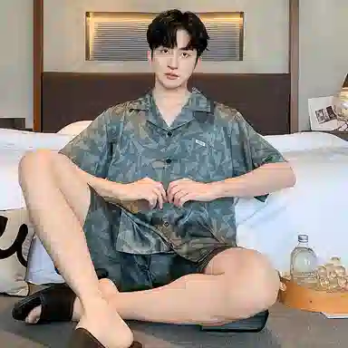 莫代尔 舒适百搭翻领开衫时尚无束缚短袖可外穿家居服睡衣套装 男款 暗青色