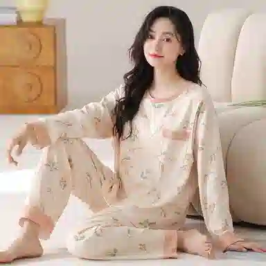 莫代尔 可外穿小清新时尚亲肤气质细腻柔软透气舒适轻盈长袖长裤隐藏式哺乳款一体式睡衣套装 女款 杏色