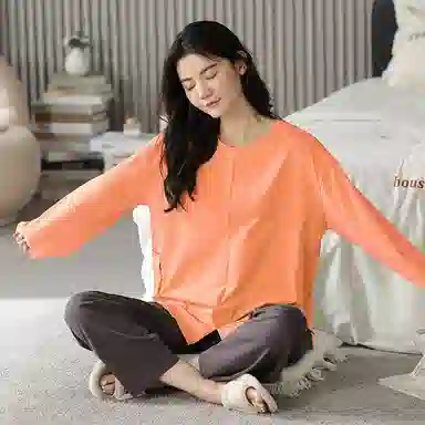 莫代尔 亲肤舒适套头圆领长袖长裤家居服可外穿睡衣套装 女款 桔红色