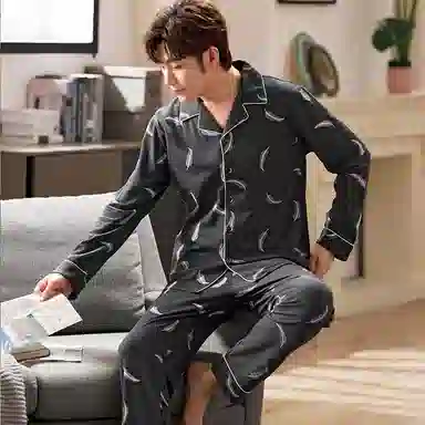 莫代尔 加大透气轻柔舒适翻领长袖长裤家居服睡衣套装 男 深灰色