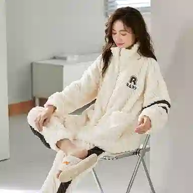 莫代尔 加厚柔软亲肤舒适保暖长袖长裤不勒腹可居家休闲可外穿睡衣套装 女款 杏色