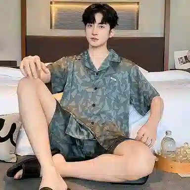 莫代尔 舒适百搭翻领开衫时尚无束缚短袖可外穿家居服睡衣套装 男款 暗青色