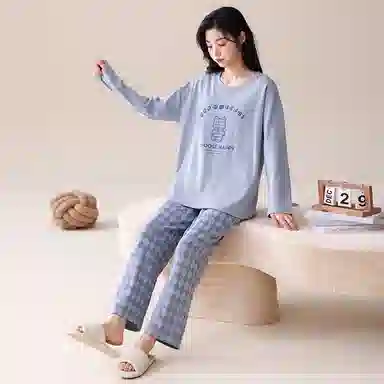 莫代尔 亲肤细腻柔软小清新透气带胸垫圆领长袖长裤可外穿居家服睡衣套装 女款 孔雀蓝