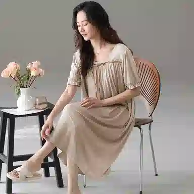 莫代尔 慵懒个性轻盈透气圆领套头休闲时尚气质百搭舒适柔软亲肤细腻家居裙短袖裙可外穿女士睡裙 女款