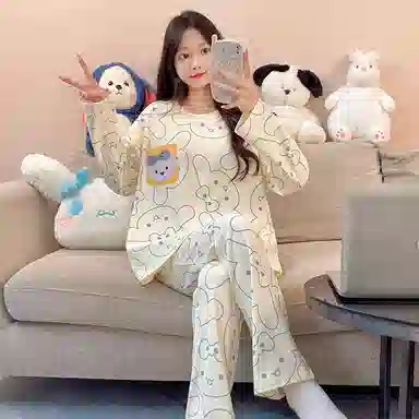 莫代尔 舒适亲肤带胸垫防凸点套头圆领长袖长裤卡通满印甜美可外穿睡衣套装 女款 杏色