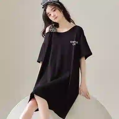 莫代尔 舒适轻柔细腻圆领百搭亲肤透气短袖睡裙 女款 黑色