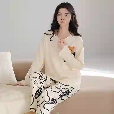 莫代尔 舒适柔软微弹透气吸湿亲肤耐磨长袖长裤不勒腹可居家休闲可外穿睡衣套装 女款 杏色