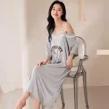 莫代尔 时尚个性简洁韩版休闲舒适轻盈透气带胸垫防凸点短袖睡裙 女款 灰色