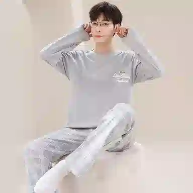 莫代尔 舒适透气纯棉柔软亲肤细腻宽松微弹耐磨吸湿排汗开衫长袖松紧裤腰可居家休闲可外穿长裤睡衣套装 男款 银色