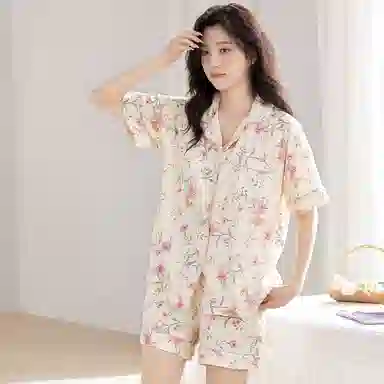 莫代尔 气质休闲百搭翻领开衫舒适亲肤透气柔软带胸垫防凸点家居服可外穿睡衣套装 女款 杏色