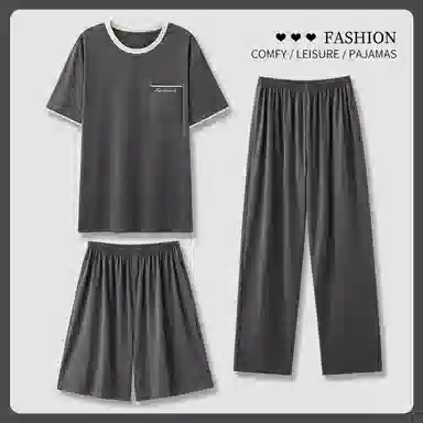 莫代尔 简约舒适休闲时尚圆领套头气质百搭柔软亲肤细腻宽松短袖短裤长裤三件套可外穿居家服睡衣套装 男款