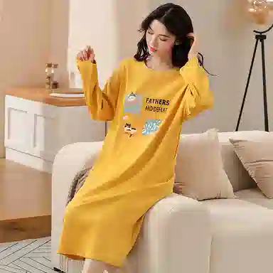 莫代尔 亲肤舒适纯色印花满印长袖居家休闲可外穿睡裙 女款 向日葵色