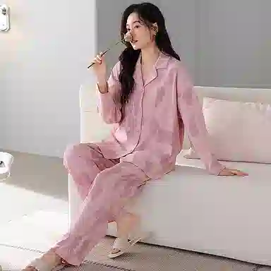 莫代尔 小清新气质时尚亲肤透气细腻柔软舒适轻盈翻领长袖长裤可外穿睡衣套装 女款 粉红色