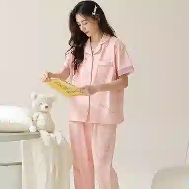 莫代尔 简约韩版舒适亲肤气质柔软轻盈透气大码短袖长裤时尚家居产前产后月子服可外穿睡衣套装 女款 桃色