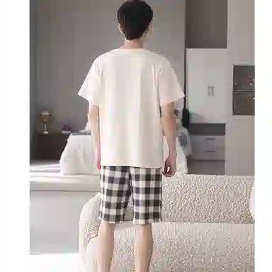 莫代尔 薄款舒适亲肤韩版卡通时尚经典短袖五分裤家居服可外穿睡衣套装 男款 杏色