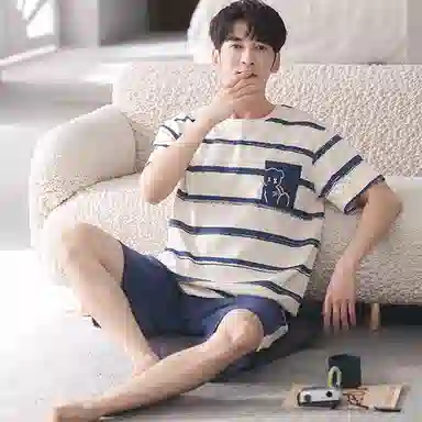 莫代尔 薄款韩版卡通条纹短袖五分裤家居服可外穿睡衣套装 男款 杏色