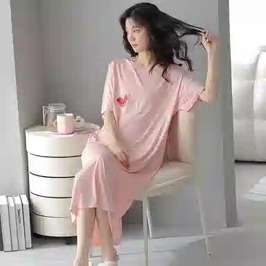莫代尔 圆领简约舒适短袖睡裙 女款 粉红色