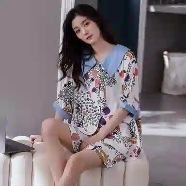 莫代尔 韩版舒适百搭休闲开衫气质透气短袖三分裤居家服可外穿春夏季睡衣套装 女款