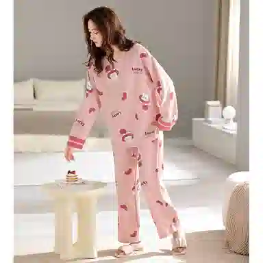 莫代尔 亲肤舒适套头圆领长袖长裤卡通时尚满印家居服可外穿睡衣套装 女款 粉色
