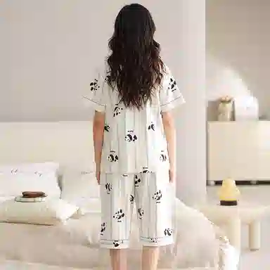 莫代尔 可外穿简约经典清新休闲时尚薄款开衫翻领短袖七分裤带杯垫一体式防凸点家居服睡衣套装 女款 白色