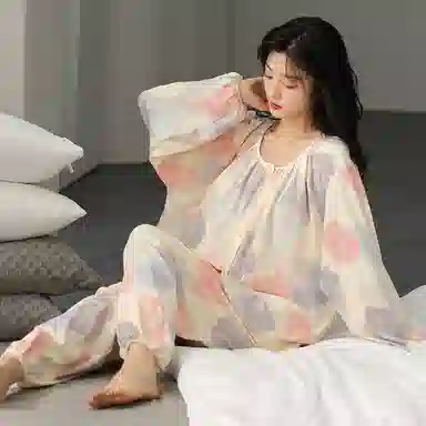 莫代尔 舒适轻盈透气耐磨吸汗细腻柔软亲肤居家可外穿开衫长袖长裤睡衣套装 女款 杏色