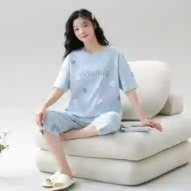 莫代尔 薄款舒适亲肤短袖七分裤韩版甜美时尚家居服睡衣套装 女款 浅蓝色