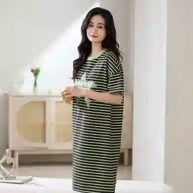 莫代尔 轻盈透气个性百搭圆领套头舒适柔软亲肤清新时尚短袖可外穿夏季睡裙 女款 绿色