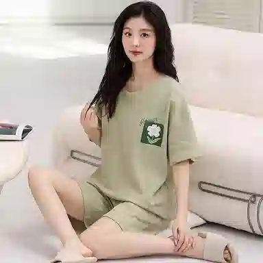 莫代尔 可外穿休闲时尚亲肤微弹圆领短袖春夏季睡衣套装 女款 绿色
