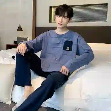 莫代尔 细腻耐磨舒适柔软亲肤透气微弹长袖松紧裤腰不勒腹长裤可居家休闲可外穿睡衣套装 男款 蓝色