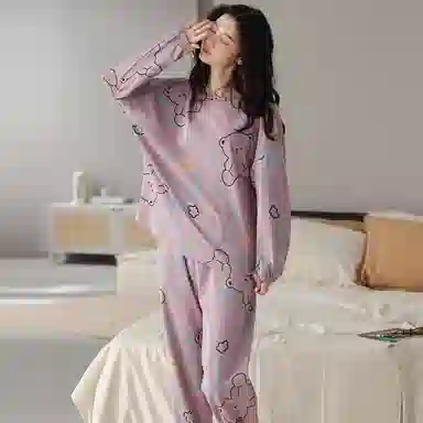 莫代尔 圆领简约舒适字母长袖上衣松紧腰长裤睡衣套装 女款 灰紫色