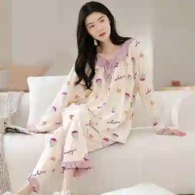 莫代尔 吸湿排汗微弹亲肤耐磨细腻舒适柔软透气可居家休闲可外穿长袖长裤睡衣套装 女款 杏色