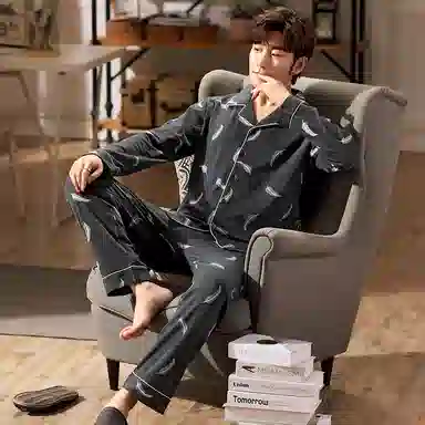 莫代尔 加大透气轻柔舒适翻领长袖长裤家居服睡衣套装 男 深灰色